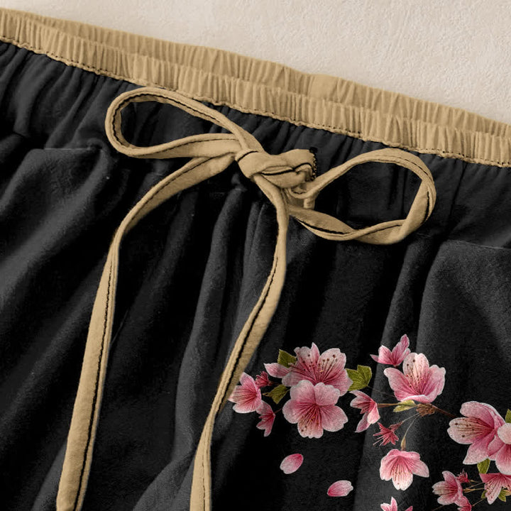 Buddha Stones Damenhose aus reiner Baumwolle mit rosa Blütenmuster, elastischem Bund und Taschen - image 1