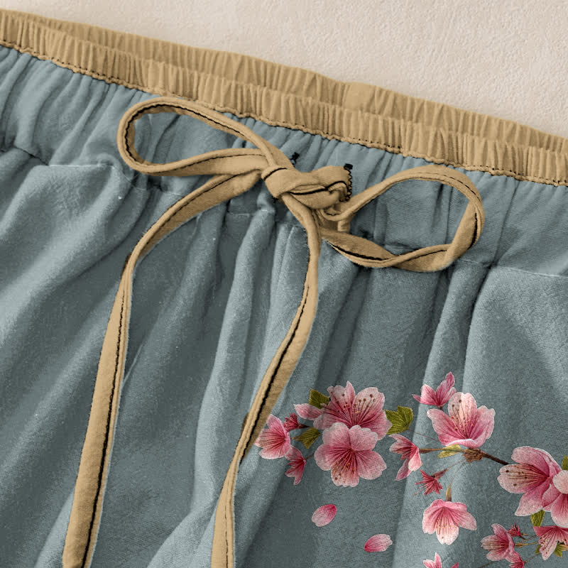 Buddha Stones Damenhose aus reiner Baumwolle mit rosa Blütenmuster, elastischem Bund und Taschen - image 5