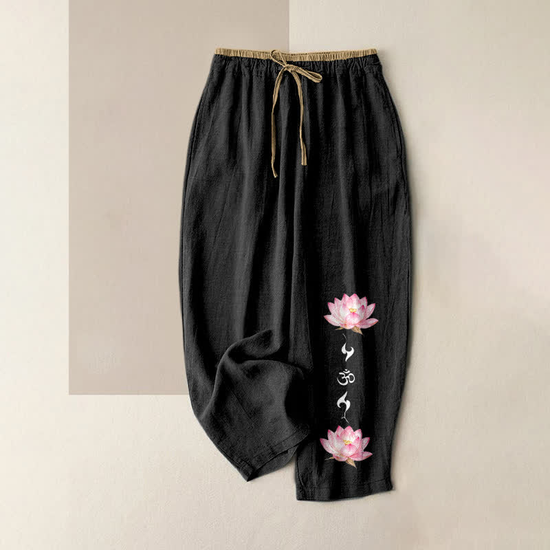 Buddha Stones Damenhose aus reiner Baumwolle mit rosa Lotus-OM-Zen-Muster, elastischem Bund und Taschen - Schwarz - US16, UK/AU20, EU48 (3XL) - image 4