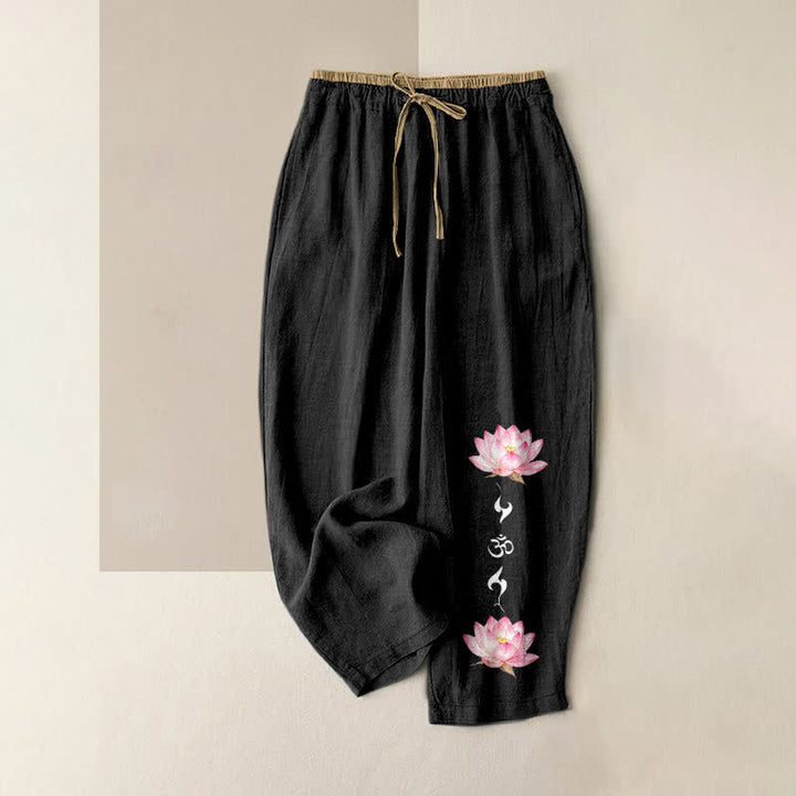 Buddha Stones Damenhose aus reiner Baumwolle mit rosa Lotus-OM-Zen-Muster, elastischem Bund und Taschen - Schwarz - US16, UK/AU20, EU48 (3XL) - image 4