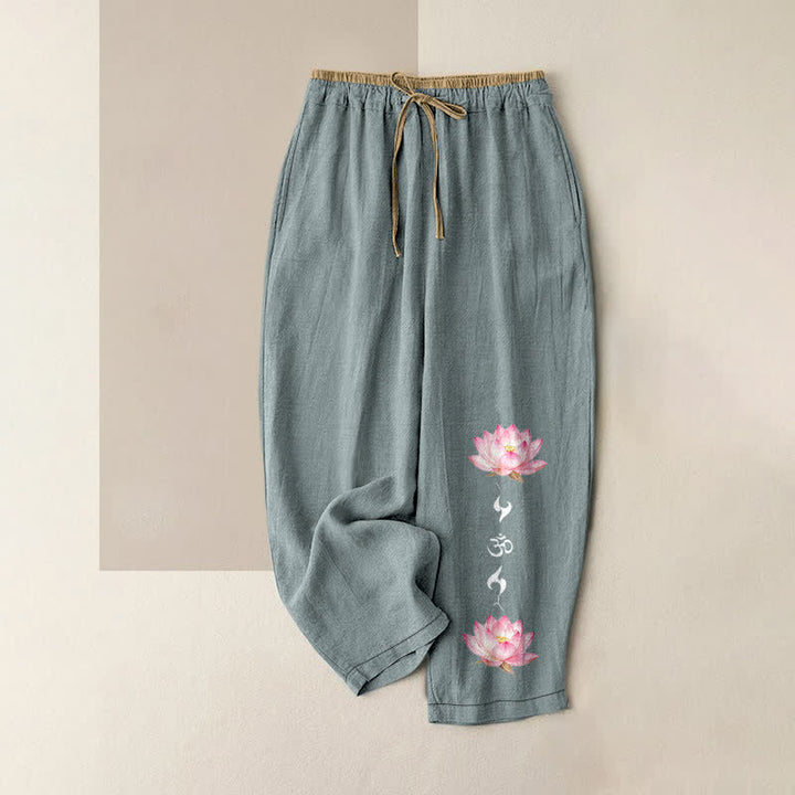 Buddha Stones Damenhose aus reiner Baumwolle mit rosa Lotus-OM-Zen-Muster, elastischem Bund und Taschen - Hellblau - US16, UK/AU20, EU48 (3XL) - image 0