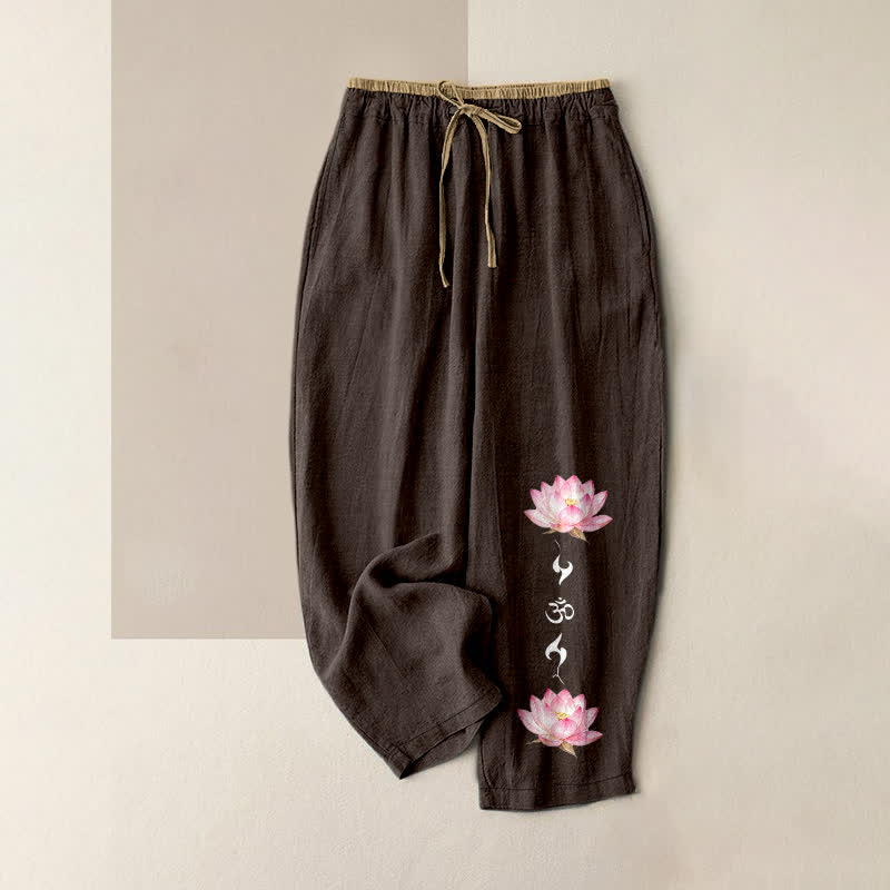 Buddha Stones Damenhose aus reiner Baumwolle mit rosa Lotus-OM-Zen-Muster, elastischem Bund und Taschen - Sattelbraun - US16, UK/AU20, EU48 (3XL) - image 8