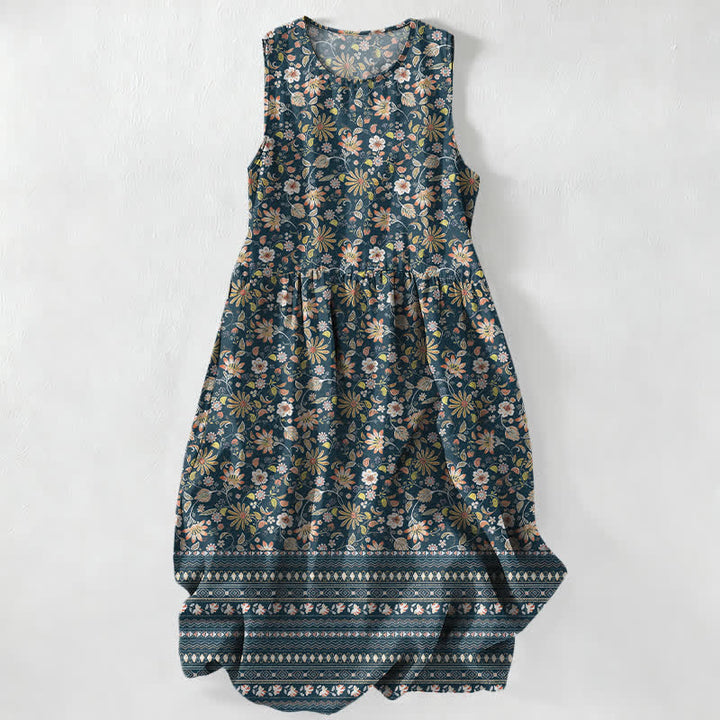 Buddha Stones Lässiges, sommerliches Damen-Midikleid im Vintage-Stil mit floralem Blätter-Streifenmuster, ärmellos und mit Taschen - SteelBlue - US16, UK/AU20, EU48 (3XL) - image 0