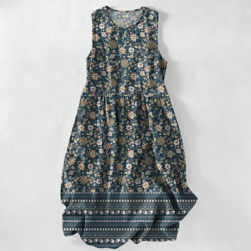 Buddha Stones Lässiges, sommerliches Damen-Midikleid im Vintage-Stil mit floralem Blätter-Streifenmuster, ärmellos und mit Taschen - SteelBlue - US16, UK/AU20, EU48 (3XL) - image 0