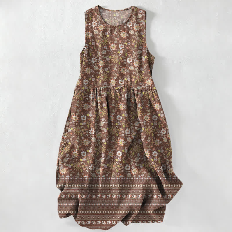 Buddha Stones Lässiges, sommerliches Damen-Midikleid im Vintage-Stil mit floralem Blätter-Streifenmuster, ärmellos und mit Taschen - Sienna - US16, UK/AU20, EU48 (3XL) - image 4