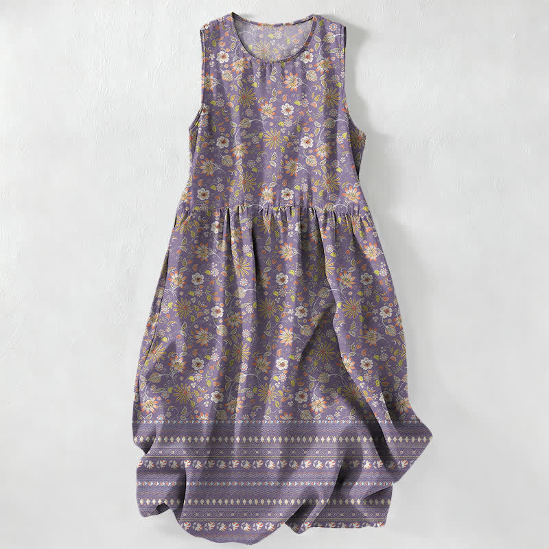 Buddha Stones Lässiges, sommerliches Damen-Midikleid im Vintage-Stil mit floralem Blätter-Streifenmuster, ärmellos und mit Taschen - Mittelviolett - US16, UK/AU20, EU48 (3XL) - image 5