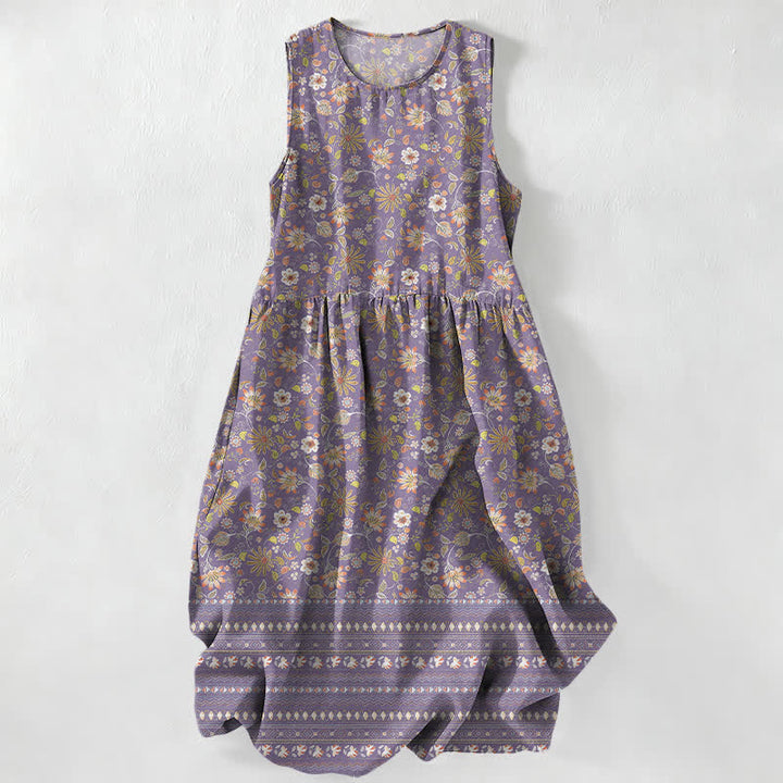 Buddha Stones Lässiges, sommerliches Damen-Midikleid im Vintage-Stil mit floralem Blätter-Streifenmuster, ärmellos und mit Taschen - Mittelviolett - US16, UK/AU20, EU48 (3XL) - image 5