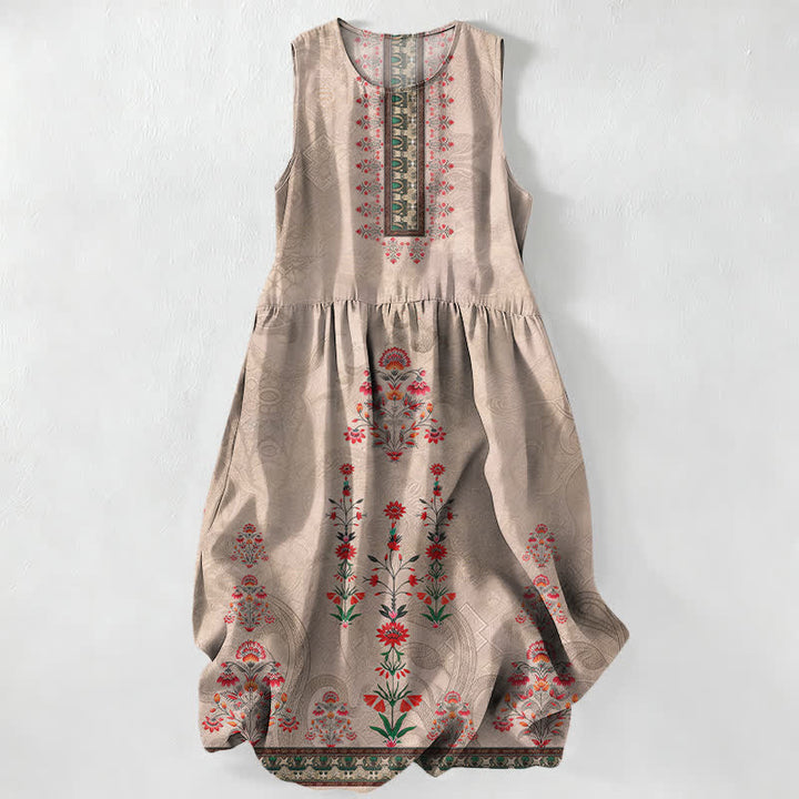 Buddha Stones Sommerliches, lässiges Vintage-Sommerkleid für Damen mit geometrischem, kleinem, rotem Blumenmuster, ärmellos, Midi-Länge und Taschen - Bräunen - US16, UK/AU20, EU48 (3XL) - image 0