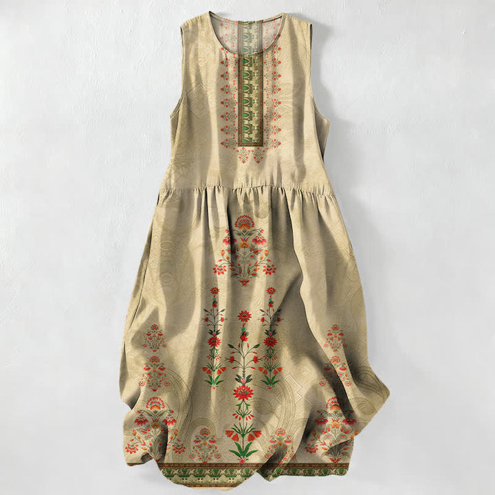 Buddha Stones Sommerliches, lässiges Vintage-Sommerkleid für Damen mit geometrischem, kleinem, rotem Blumenmuster, ärmellos, Midi-Länge und Taschen - Blassgoldenrode - US16, UK/AU20, EU48 (3XL) - image 4