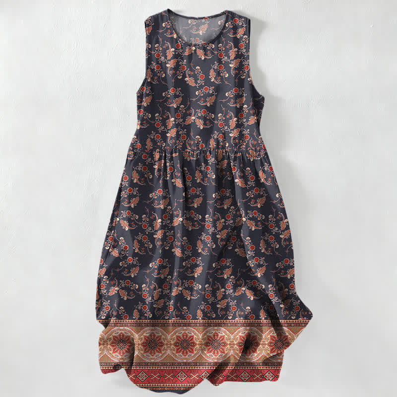 Buddha Stones Lässiges, sommerliches, ärmelloses Midikleid für Damen mit Vintage-Blumenmuster und Taschen - Schwarz - US16, UK/AU20, EU48 (3XL) - image 0