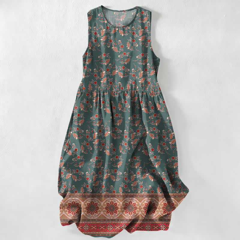 Buddha Stones Lässiges, sommerliches, ärmelloses Midikleid für Damen mit Vintage-Blumenmuster und Taschen - SeaGreen - US16, UK/AU20, EU48 (3XL) - image 4