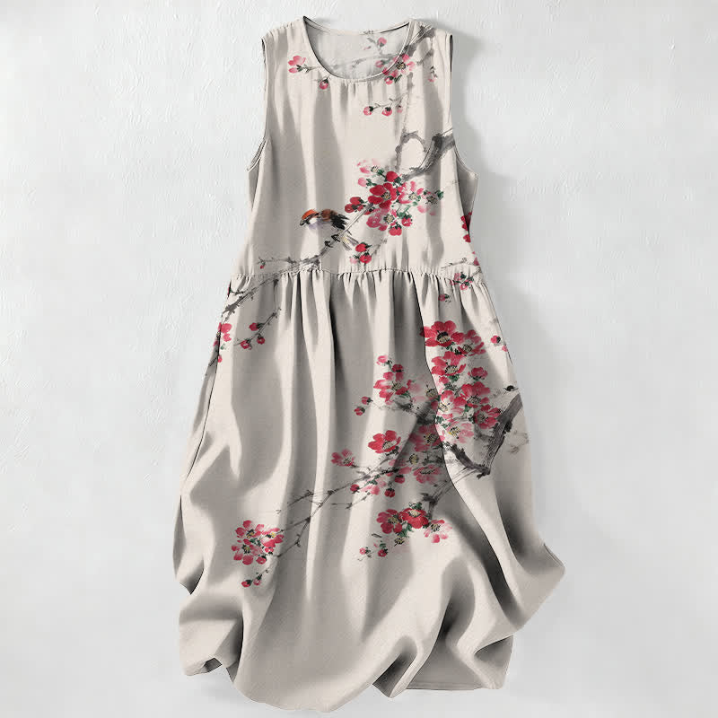 Buddha Stones Lässiges, ärmelloses Sommerkleid für Damen mit rosa Blütenzweigmuster und Taschen - Beige - US16, UK/AU20, EU48 (3XL) - image 0