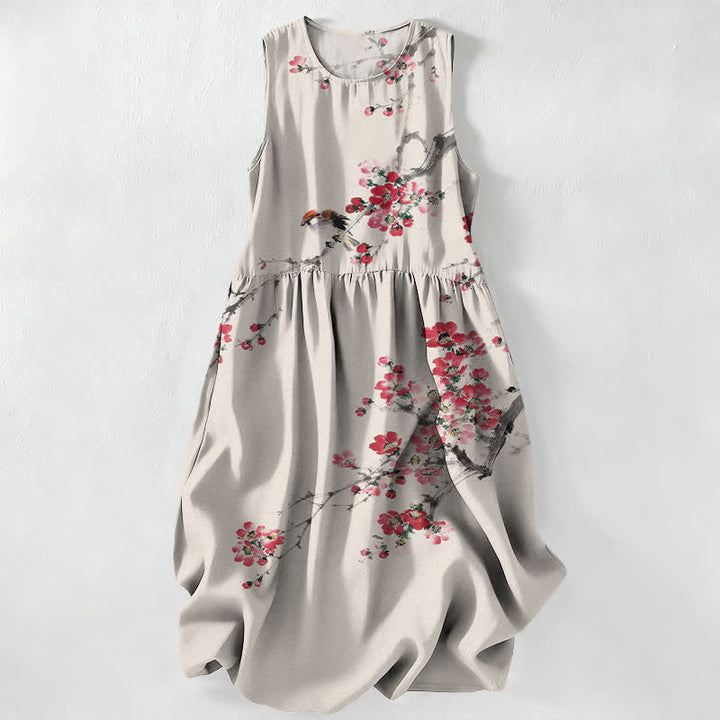 Buddha Stones Lässiges, ärmelloses Sommerkleid für Damen mit rosa Blütenzweigmuster und Taschen - Beige - US16, UK/AU20, EU48 (3XL) - image 0