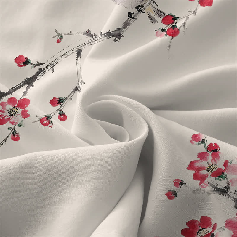 Buddha Stones Lässiges, ärmelloses Sommerkleid für Damen mit rosa Blütenzweigmuster und Taschen - image 2