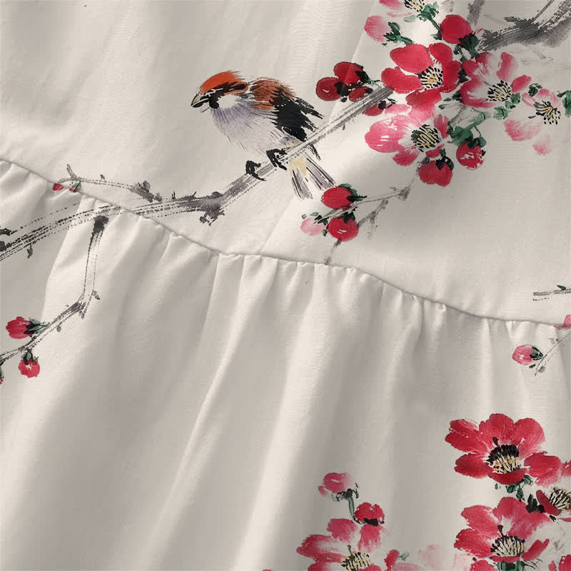 Buddha Stones Lässiges, ärmelloses Sommerkleid für Damen mit rosa Blütenzweigmuster und Taschen - image 1