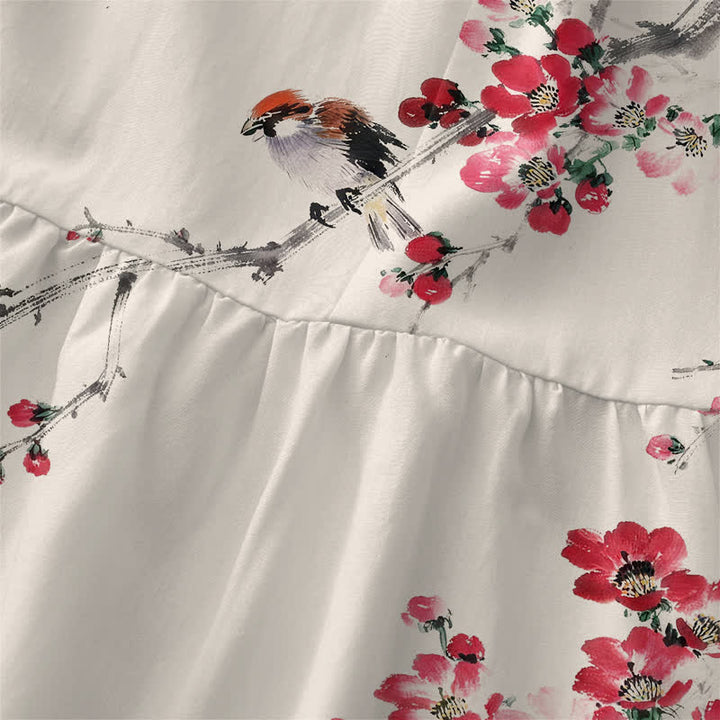 Buddha Stones Lässiges, ärmelloses Sommerkleid für Damen mit rosa Blütenzweigmuster und Taschen - image 1