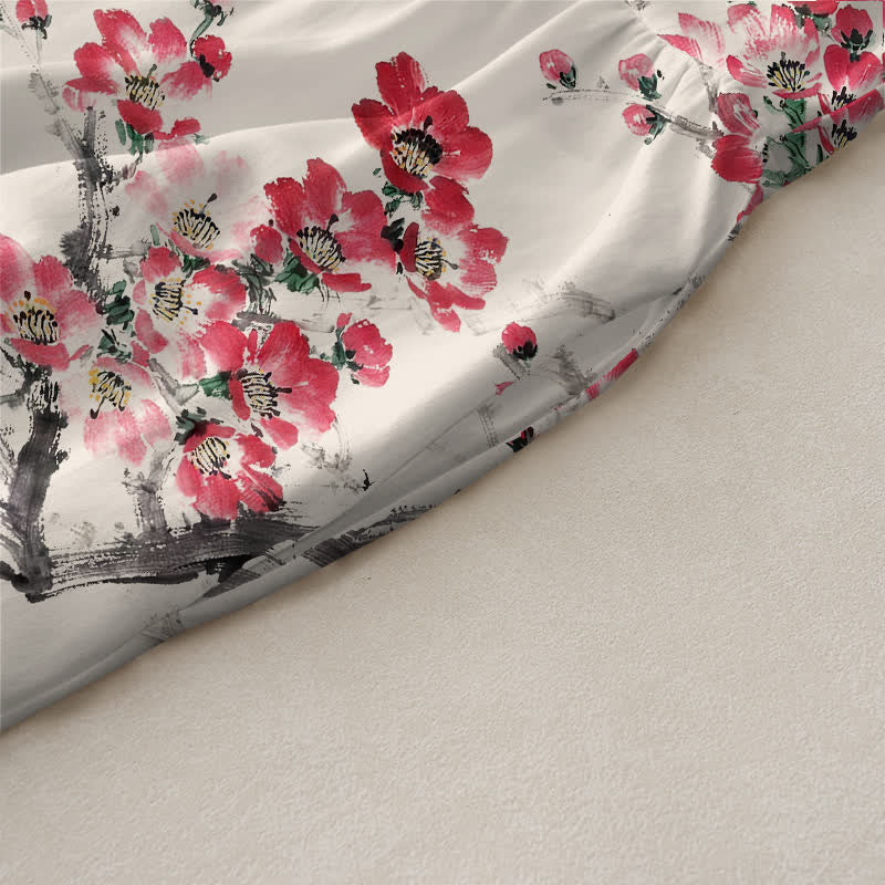 Buddha Stones Lässiges, ärmelloses Sommerkleid für Damen mit rosa Blütenzweigmuster und Taschen - image 3