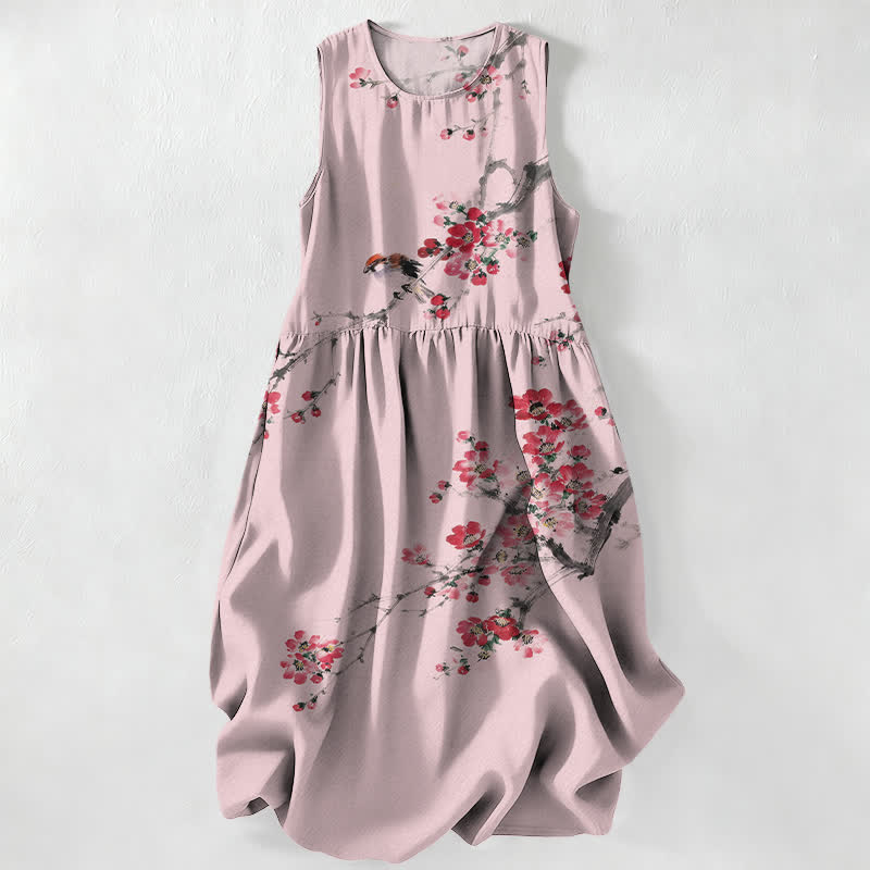 Buddha Stones Lässiges, ärmelloses Sommerkleid für Damen mit rosa Blütenzweigmuster und Taschen - Hellrosa - US16, UK/AU20, EU48 (3XL) - image 5