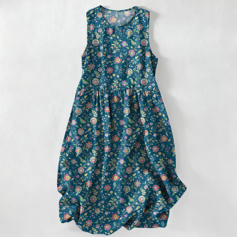 Buddha Stones Lässiges, sommerliches Damen-Midikleid mit Vintage-Wildblumenmuster, ärmellos und mit Taschen - SteelBlue - US16, UK/AU20, EU48 (3XL) - image 0