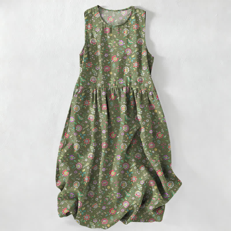Buddha Stones Lässiges, sommerliches Damen-Midikleid mit Vintage-Wildblumenmuster, ärmellos und mit Taschen - Dunkelolivgrün - US16, UK/AU20, EU48 (3XL) - image 4