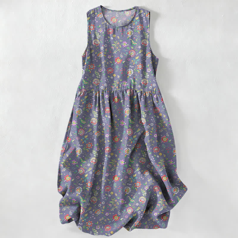 Buddha Stones Lässiges, sommerliches Damen-Midikleid mit Vintage-Wildblumenmuster, ärmellos und mit Taschen - Mittelviolett - US16, UK/AU20, EU48 (3XL) - image 5