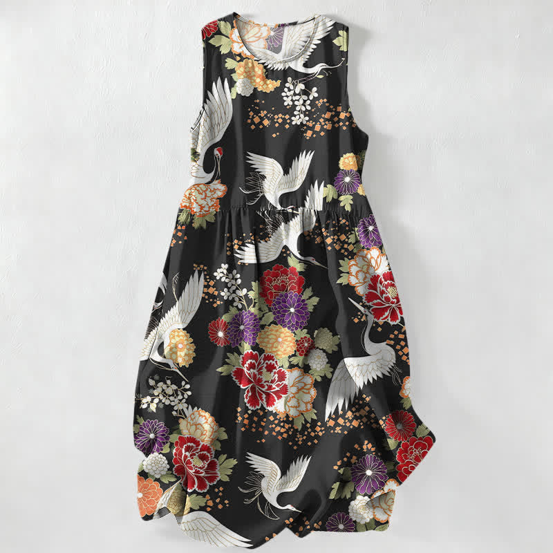 Buddha Stones Lässiges, sommerliches Damen-Midikleid im Vintage-Stil mit Kranich- und Blumenmuster, ärmellos und mit Taschen - Schwarz - US16, UK/AU20, EU48 (3XL) - image 0