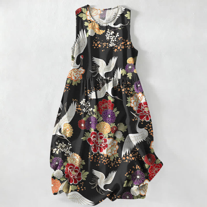 Buddha Stones Lässiges, sommerliches Damen-Midikleid im Vintage-Stil mit Kranich- und Blumenmuster, ärmellos und mit Taschen - Schwarz - US16, UK/AU20, EU48 (3XL) - image 0