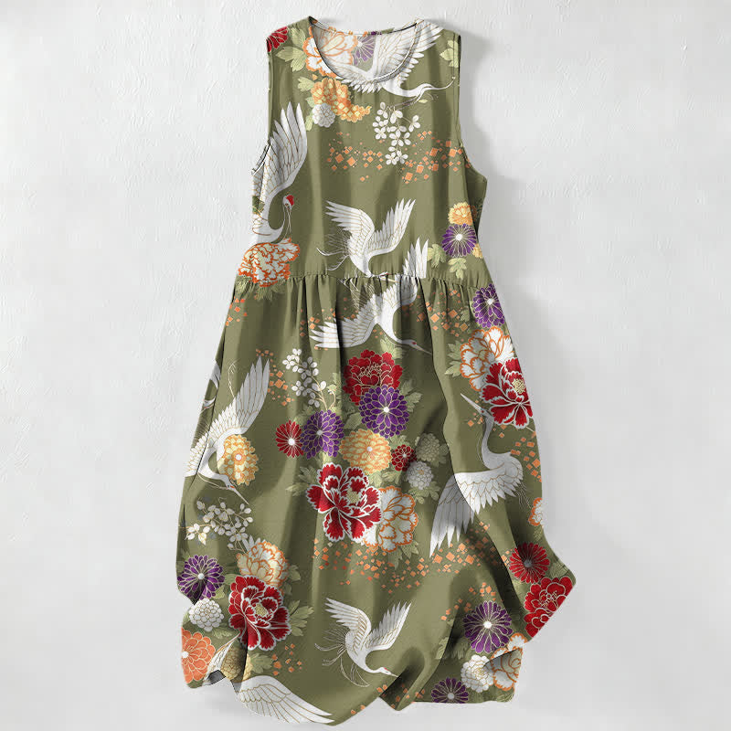 Buddha Stones Lässiges, sommerliches Damen-Midikleid im Vintage-Stil mit Kranich- und Blumenmuster, ärmellos und mit Taschen - Olivgrün - US16, UK/AU20, EU48 (3XL) - image 4