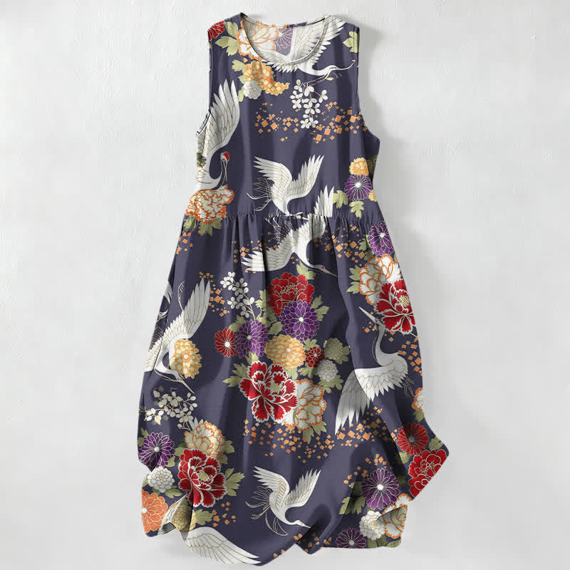 Buddha Stones Lässiges, sommerliches Damen-Midikleid im Vintage-Stil mit Kranich- und Blumenmuster, ärmellos und mit Taschen - Dunkelschieferblau - US16, UK/AU20, EU48 (3XL) - image 5