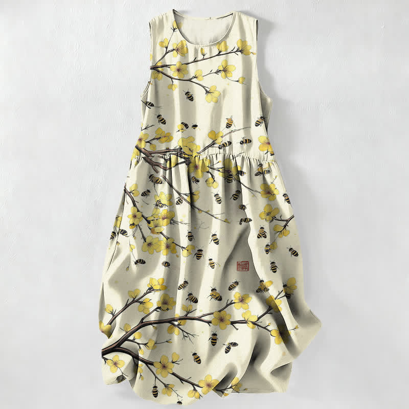 Buddha Stones Lässiges, gelbes, ärmelloses Midikleid für Damen mit floralem Zweigmuster und Taschen - Beige - US16, UK/AU20, EU48 (3XL) - image 0