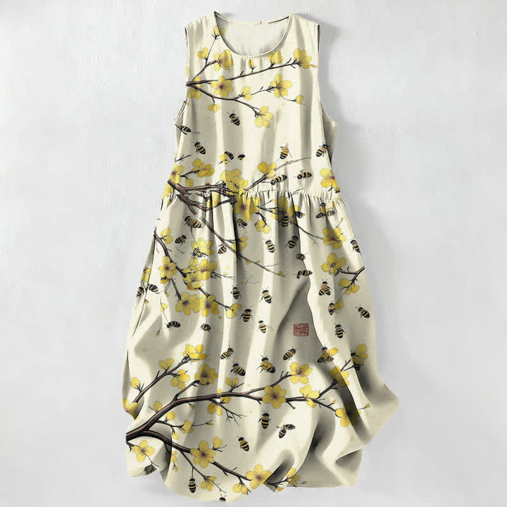 Buddha Stones Lässiges, gelbes, ärmelloses Midikleid für Damen mit floralem Zweigmuster und Taschen - Beige - US16, UK/AU20, EU48 (3XL) - image 0