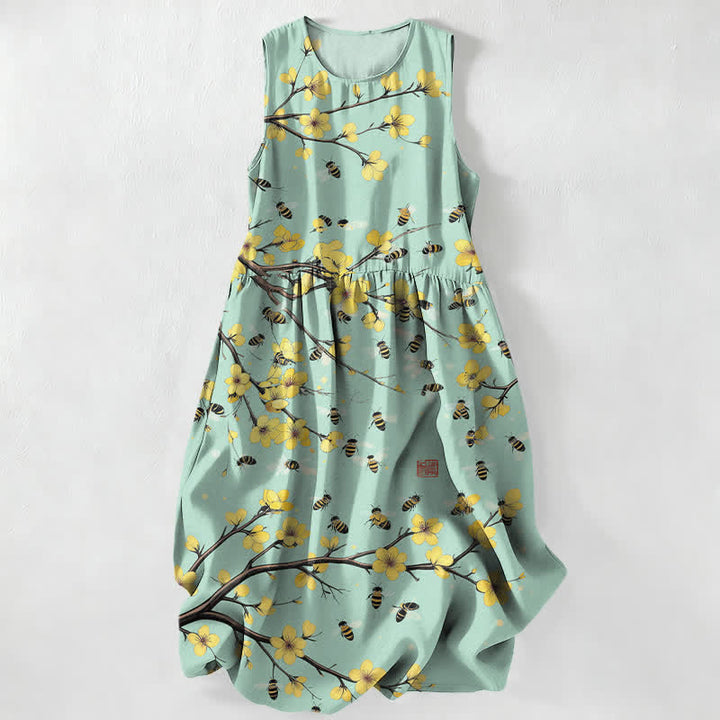Buddha Stones Lässiges, gelbes, ärmelloses Midikleid für Damen mit floralem Zweigmuster und Taschen - Hellgrün - US16, UK/AU20, EU48 (3XL) - image 4