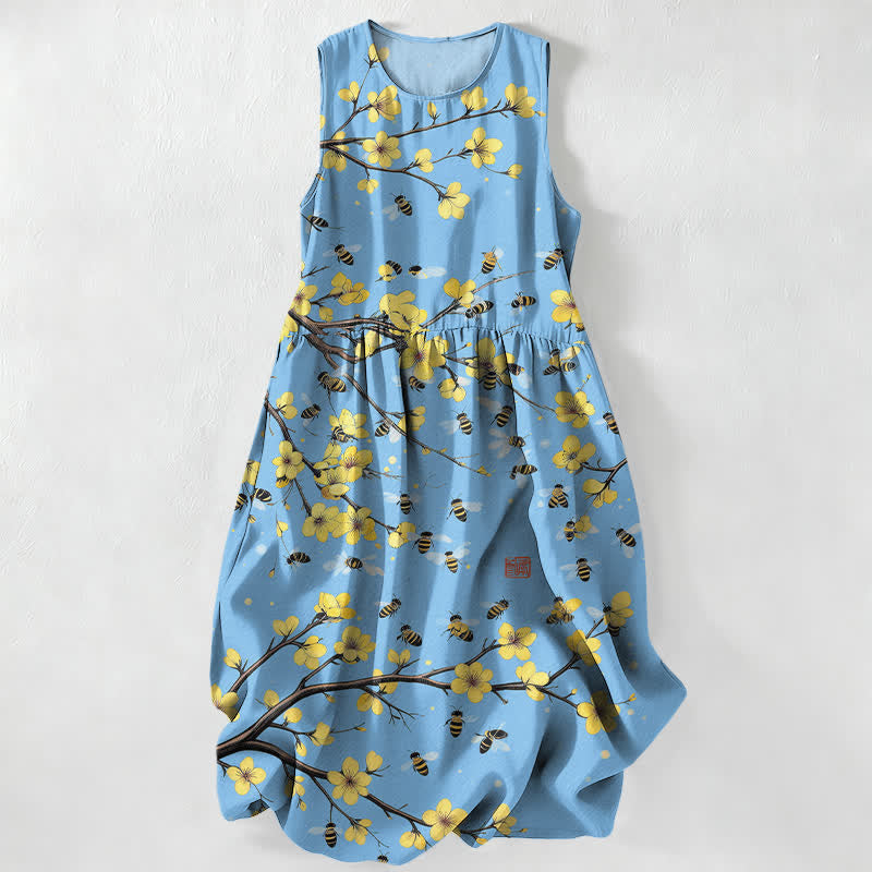 Buddha Stones Lässiges, gelbes, ärmelloses Midikleid für Damen mit floralem Zweigmuster und Taschen - Hellblau - US16, UK/AU20, EU48 (3XL) - image 5