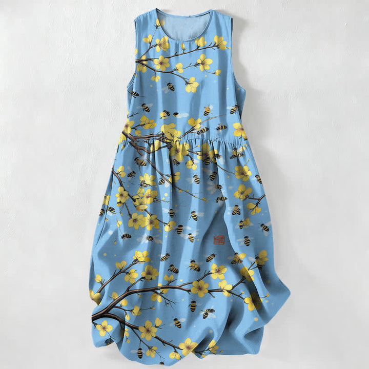 Buddha Stones Lässiges, gelbes, ärmelloses Midikleid für Damen mit floralem Zweigmuster und Taschen - Hellblau - US16, UK/AU20, EU48 (3XL) - image 5
