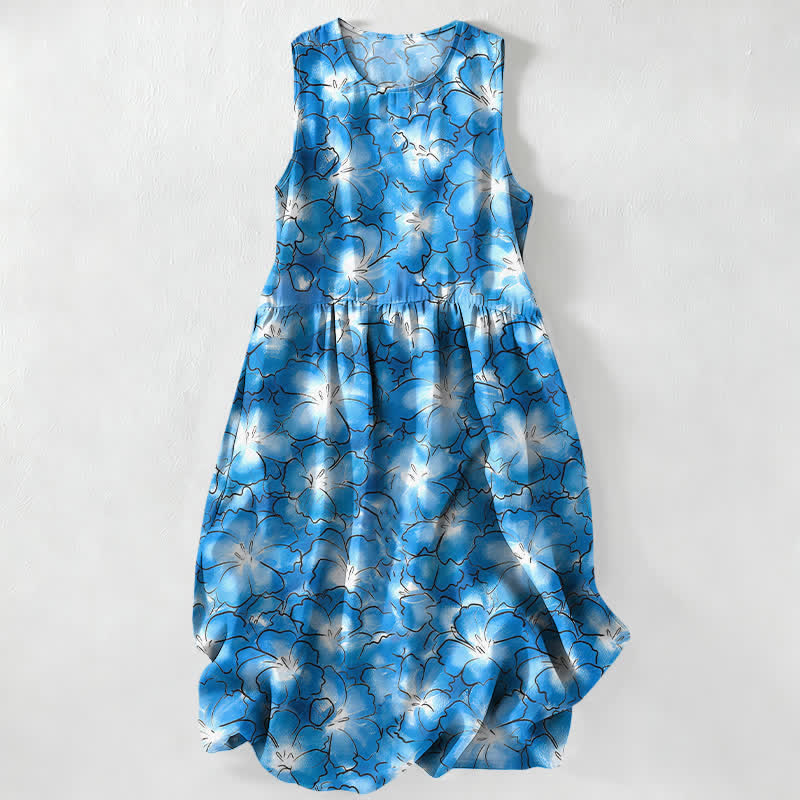 Buddha Stones Lässiges, weißes, ärmelloses Midikleid für Damen mit Blumenmuster und Taschen - Kornblumenblau - US16, UK/AU20, EU48 (3XL) - image 0