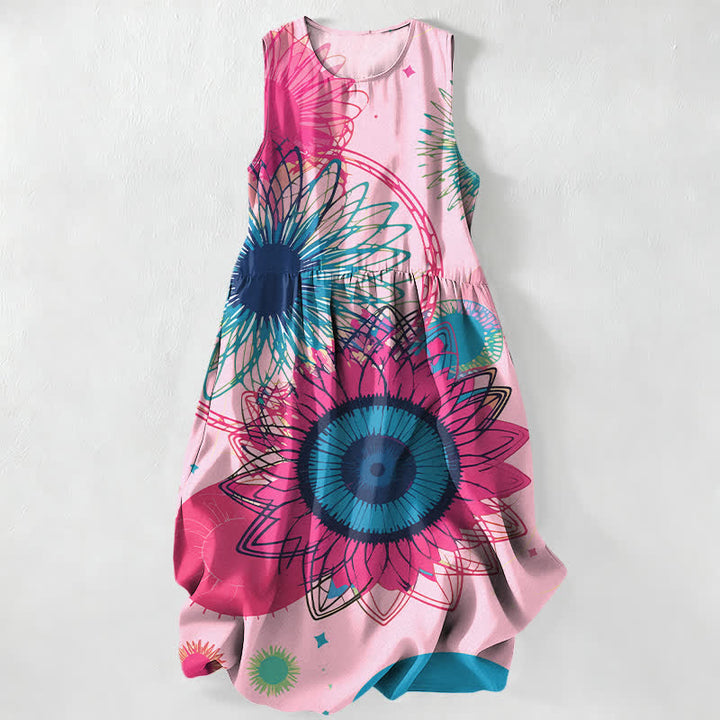 Buddha Stones Sommerliches, lässiges, strahlendes, ärmelloses Midikleid für Damen mit großem Sonnenblumenmuster und Taschen - Hellrosa - US16, UK/AU20, EU48 (3XL) - image 4