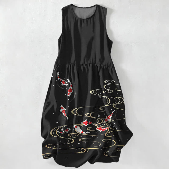 Buddha Stones Lässiges, sommerliches, ärmelloses Midikleid für Damen mit Koi-Fisch-Wellenmuster und Taschen - Schwarz - US16, UK/AU20, EU48 (3XL) - image 0