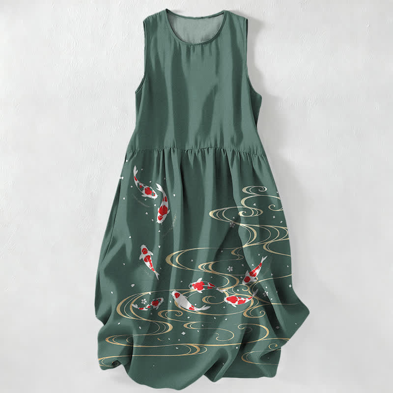 Buddha Stones Lässiges, sommerliches, ärmelloses Midikleid für Damen mit Koi-Fisch-Wellenmuster und Taschen - SeaGreen - US16, UK/AU20, EU48 (3XL) - image 4