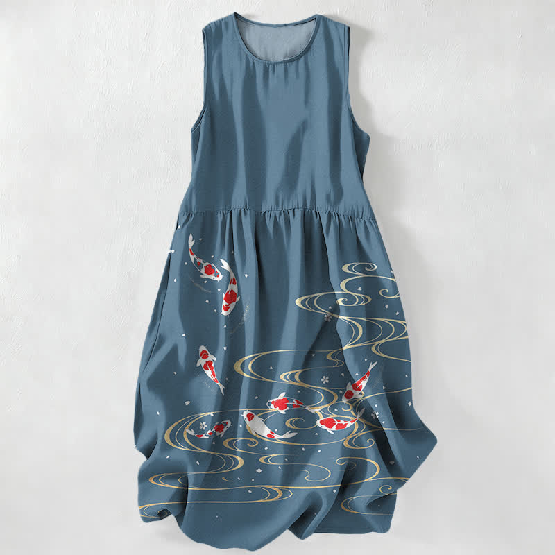 Buddha Stones Lässiges, sommerliches, ärmelloses Midikleid für Damen mit Koi-Fisch-Wellenmuster und Taschen - Dunkelcyan - US16, UK/AU20, EU48 (3XL) - image 5