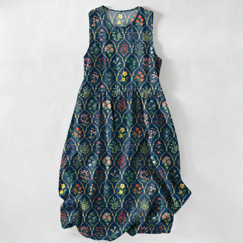 Buddha Stones Sommerliches, lässiges, ärmelloses Midikleid für Damen mit Taschen und verschiedenen bunten Blumenrankenmustern - Mitternachtsblau - US16, UK/AU20, EU48 (3XL) - image 0