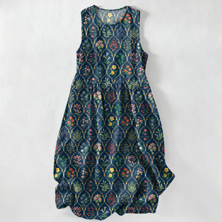 Buddha Stones Sommerliches, lässiges, ärmelloses Midikleid für Damen mit Taschen und verschiedenen bunten Blumenrankenmustern - Mitternachtsblau - US16, UK/AU20, EU48 (3XL) - image 0