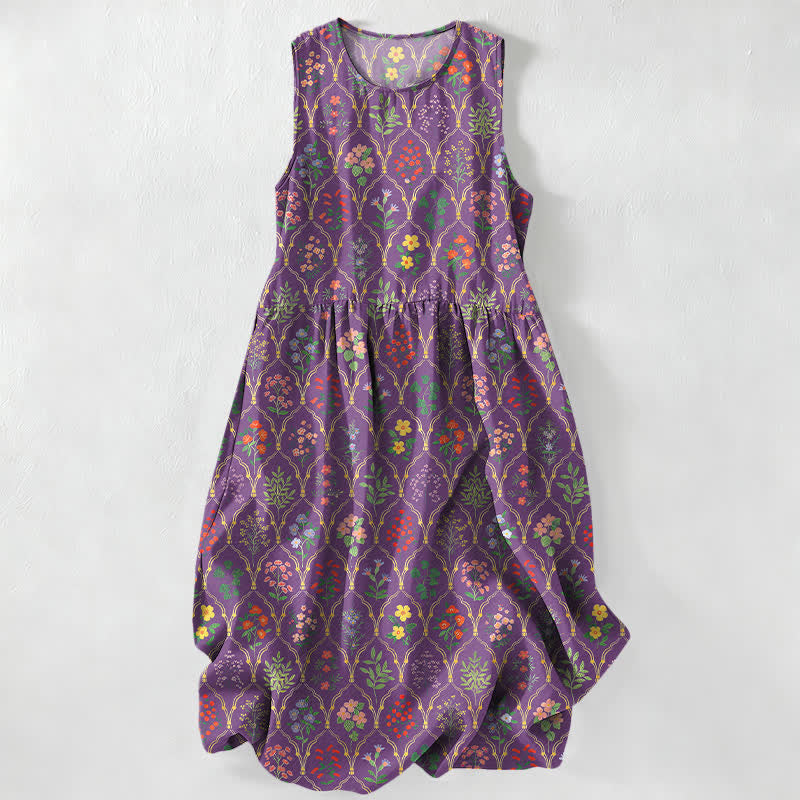 Buddha Stones Sommerliches, lässiges, ärmelloses Midikleid für Damen mit Taschen und verschiedenen bunten Blumenrankenmustern - Lila - US16, UK/AU20, EU48 (3XL) - image 5