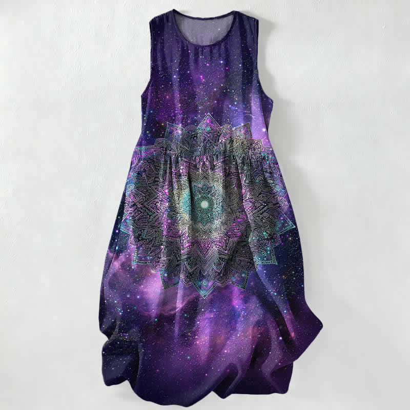 Buddha Stones Lässiges, ärmelloses Midikleid für Damen mit kosmischem Mandala-Galaxie-Muster und Taschen - Indigo - US16, UK/AU20, EU48 (3XL) - image 0