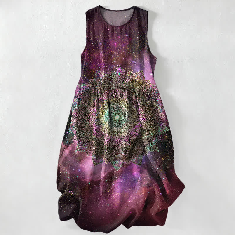 Buddha Stones Lässiges, ärmelloses Midikleid für Damen mit kosmischem Mandala-Galaxie-Muster und Taschen - Lila - US16, UK/AU20, EU48 (3XL) - image 4