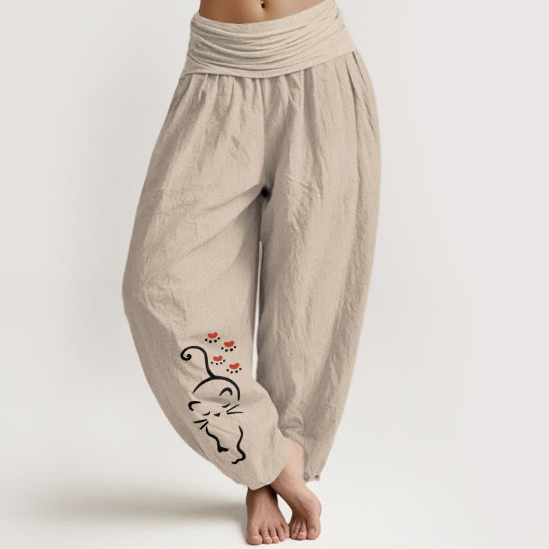 Buddha Stones Damen-Haremshose aus reiner Baumwolle mit Katzenmotiv und elastischem Bund - Bräunen - US16, UK/AU20, EU48 (3XL) - image 0