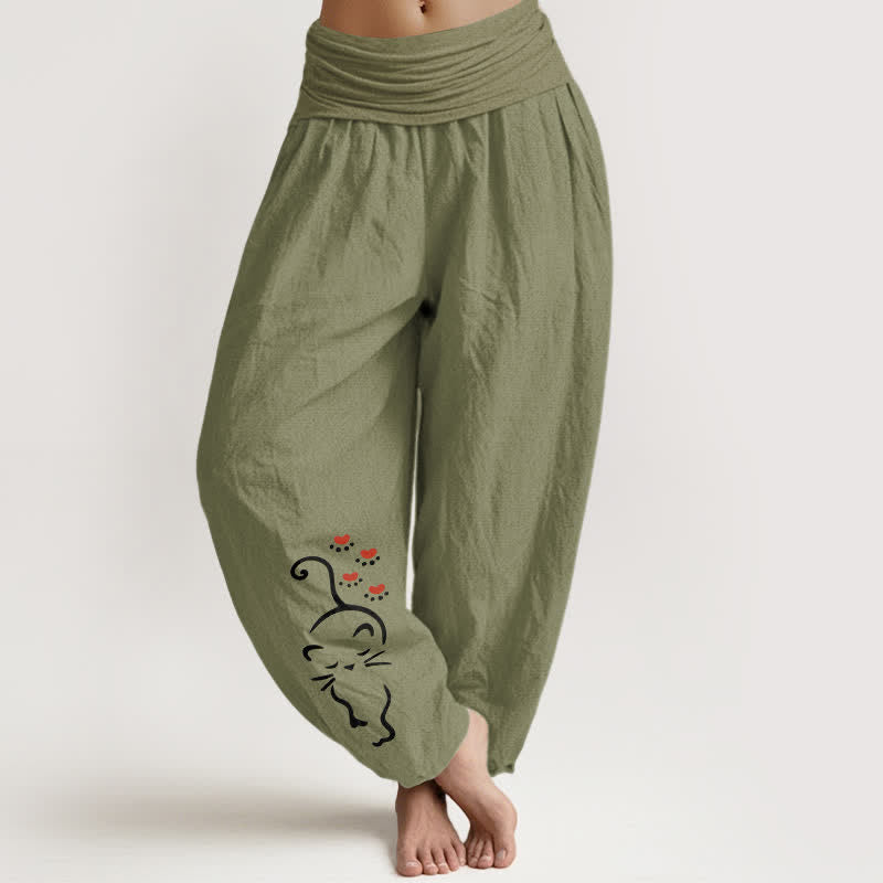 Buddha Stones Damen-Haremshose aus reiner Baumwolle mit Katzenmotiv und elastischem Bund - Olivgrün - US16, UK/AU20, EU48 (3XL) - image 14