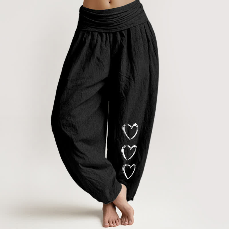Buddha Stones Damen-Haremshose aus reiner Baumwolle mit drei Herzchenmuster und elastischem Bund - Schwarz - US16, UK/AU20, EU48 (3XL) - image 0