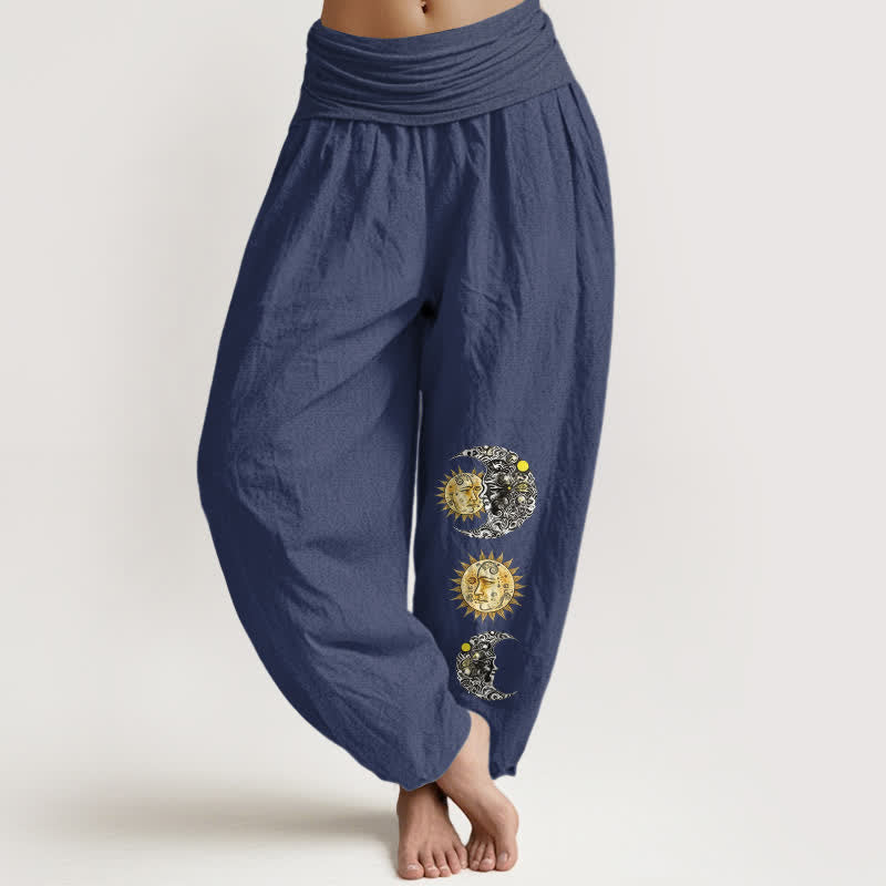 Buddha Stones Damen-Haremshose aus reiner Baumwolle mit Sonnen- und Mondmuster und elastischem Bund - Dunkelschieferblau - US16, UK/AU20, EU48 (3XL) - image 5
