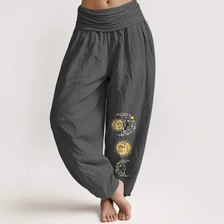 Buddha Stones Damen-Haremshose aus reiner Baumwolle mit Sonnen- und Mondmuster und elastischem Bund - DimGray - US16, UK/AU20, EU48 (3XL) - image 8