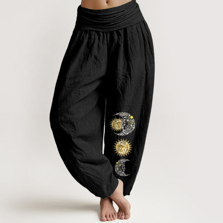 Buddha Stones Damen-Haremshose aus reiner Baumwolle mit Sonnen- und Mondmuster und elastischem Bund - Schwarz - US16, UK/AU20, EU48 (3XL) - image 0